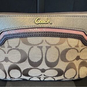COACH Brown and Tan Canvas Wristlet with Gold Logo